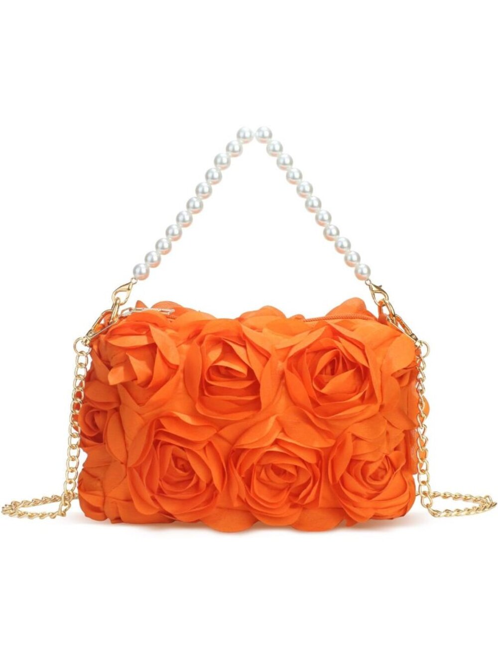 Women's Orange 3D Floral Chiffon Pearl Beaded Top Handle Evening Clutch Purse